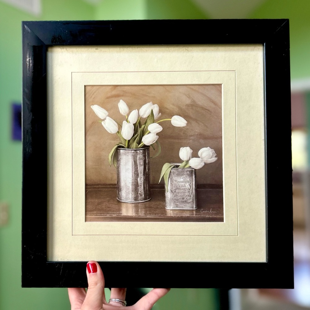 Cottagecore Framed White Florals In Metal Tin Wall Decor